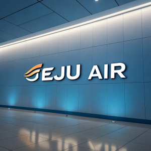 Logo design for Jeju Air. White letters spelling out the airline's name against a gradient blue background. Modern, sleek, and professional.