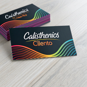 High-quality business cards for Calisthenics Cilento. Sleek design, vibrant colors, modern font. Ideal for professional networking and promotion.