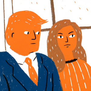 Close-up of Melania Trump and Donald Trump, Caucasian ethnicity. Indoor setting with blurred background. Focused on their expressions.