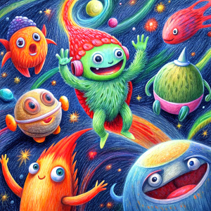 Playful monsters explore the wonders of outer space in vibrant crayon pastels. Perfect for kids' imaginations!
