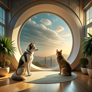 A Cat and a large husky Dog are watching the view from the window in a large, spacious room of a 3D house.