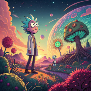 Stylized animation of Rick and Morty on an alien planet. Vibrant colors, dynamic scene from Rick and Morty TV show.