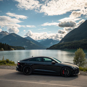 Sleek matte black Audi RS7 parked beside a serene lake. Mountains in the background. The sky is partly cloudy, casting shadows over the landscape.