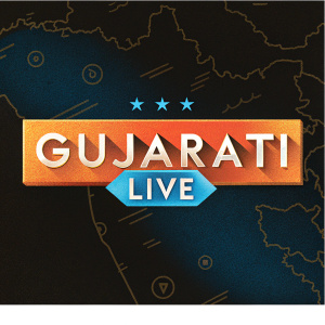 Logo for Gujarati Live TV show. Dynamic design with vibrant colors, map-like background, modern typography