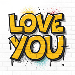 Digital illustration of 'Love you' in bold, vibrant yellow letters. Graffiti inspired street art style. Simple white background.