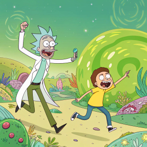 Rick Sanchez and Morty Smith in a playful pose. Background is vibrant green alien landscape. Clearly animated scene.