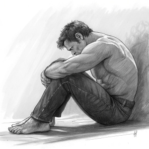 A detailed charcoal sketch of the Hulk in a contemplative pose. Simple, minimal background.