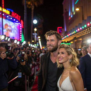 Chris Hemsworth and Elsa Pataky attend a film festival. Crowded and vibrant event setting with colorful lights and paparazzi.