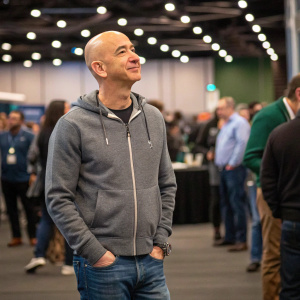 Jeff Bezos, the former Amazon CEO, in a casual meet-and-greet. He is wearing a gray hoodie and blue jeans. Hands in pockets, standing in a crowded convention hall.
