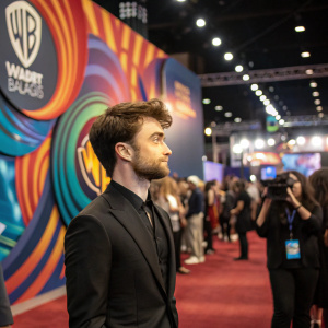 Daniel Radcliffe, dressed in a black suit, at a bustling convention. Behind him, a vibrant backdrop of swirling colors and logos.