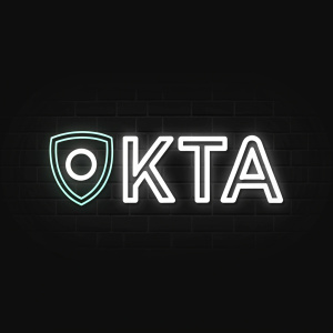 Modern logo design featuring the word 'OKTA' in bold sans-serif font. Neon white on a sleek black background, symbolizing reliability and cybersecurity.