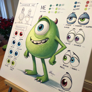Step-by-step illustration guide for creating Mike Wazowski. Various facial expressions, body parts, and color schemes sketched on a large white canvas