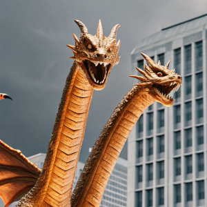 King Ghidorah, the mighty three-headed dragon from Godzilla films, in a majestic stance. Dark urban cityscape backdrop.