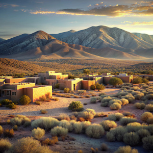 Genera una imagen hiperrealista de un paisaje desértico al amanecer en Taos, Nuevo México, que incluya algunas casas dispersas entre las colinas. Las casas deben integrarse orgánicamente en el entorno, mostrando detalles realistas como la arquitectura típica de la zona y los tonos cálidos de la luz del amanecer iluminando sus fachadas. Asegúrate de mantener la sensación de calma y serenidad que caracteriza a esta región desértica al amanecer.