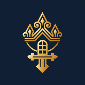 Flat ornamental logo related to building houses, use of key symbol, crown, English style, fleur-de-lis style, in one color, (((flat style))))