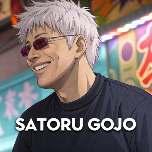 An illustration of Satoru Gojo from Jujutsu Kaisen. He has short hair, wearing a dark t-shirt, smiling. Set against a vibrant, colorful backdrop. The illustration features fine details, especially around his facial features. 'SATORU GOJO' text prominently featured.