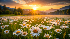 The landscape of white daisy blooms in a field, with the focus on the setting sun. The grassy meadow is blurred, creating a warm golden hour effect during sunset and sunrise time