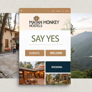 Website design for Mayan Monkey Hostels featuring a modern and inviting aesthetic with a clean layout and visually appealing elements. The homepage prominently displays the 'Say Yes' banner, promoting a new way of staying. Sections for events, welcome, and booking are clearly outlined. The design incorporates neutral tones with warm accents in earthy browns and natural textures.