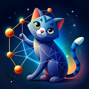 a cat plays with a mathematical graph (nodes and edges)