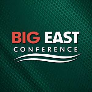 A sleek and modern logo design for the Big East Conference. The logo features a bold sans-serif font in vibrant colors on a textured dark green background. Below the conference name, a wavy underline adds dynamism.