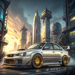 A sleek, silver Subaru Impreza, custom gold rims, racing wing, futuristic cityscape background, digital artwork.