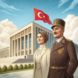 Mustafa Kemal Atatürk and Latife Usher, Turkish figures, posing in front of modern parliament building. Bright sunny day with clear blue sky.
