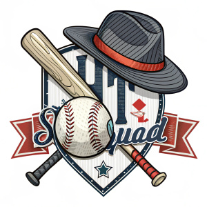 The Hit Squad logo design. Features softball, baseball bat, fedora hat. Pinstripe pattern, bold colors, flat illustration, white background