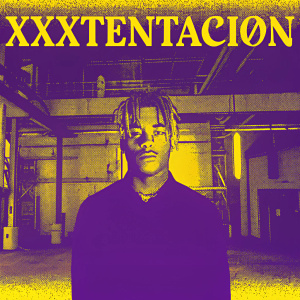 Poster design for album 'XXXTentacion'. Digital illustration featuring young man with dreadlocks, wearing vibrant blue and gray makeup. Industrial background with grungy textures.
