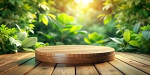 Wooden product display podium with blurred nature leaves background. 3D rendering