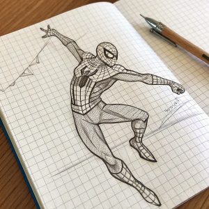 Spider-Man, mid-jump, detailed pencil sketch on graph paper, visible grid lines, comic book style