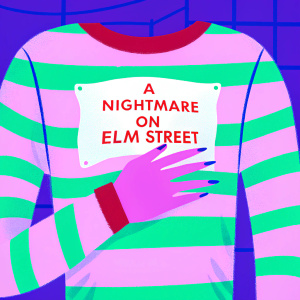 T-shirt with 'A Nightmare on Elm Street' graphic. Red and green stripes. Bold font.
