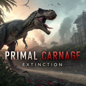 Marketing poster for 'Primal Carnage: Extinction'. Giant T-Rex in foreground. Dark, intense color palette.