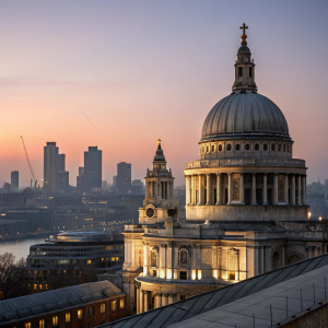 St. Paul's Cathedral at dusk. Softly lit, serene atmosphere. London skyline visible in the distance.
