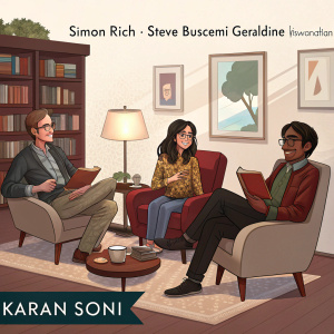 Simon Rich, Steve Buscemi, Geraldine Viswanathan, and Karan Soni attending a book launch event. Seated in a cozy living room with soft lighting. A bookshelf with the series title prominently displayed.
