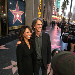 Susanna Hoffs and Jay Roach, beaming smiles, on the Hollywood Walk of Fame, against the backdrop of flashing cameras.