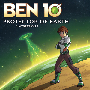 A video game box art featuring a young male hero with brown hair, determined expression, and dynamic stance. The backdrop showcases a vibrant green and yellow planet surface with a towering alien creature. Game title: Ben 10: Protector of Earth, platform: PlayStation 2.