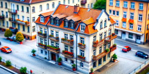 isometric view from 45deg. tiltshift. Miniature narrow, Polish oldtown house, with four floors and balconies, garage near the building, miniature car parked outside the garage, on the ground, not on the roof. A lot of deatil on the balcony: flower pots, laundry. 