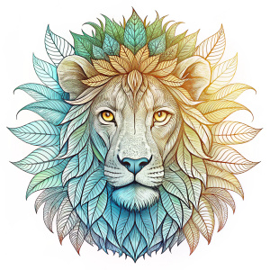 
lion face line drawing, lines simulating leaves and flowers