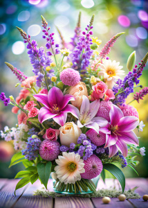 Lily theme, with hollyhocks, orchid, lavender and floral flower bouquet,  you banner, elegant style, bright colors, blurry background
