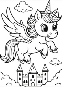 A cute little baby unicorn with wings flying on top of a small castle

