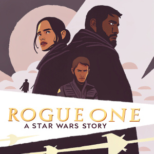 Promotional poster for 'Rogue One: A Star Wars Story'. Dark and vibrant color palette. Focus on key characters