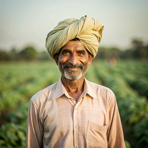 rural old indian farmer wearing rajasthani turban, biege cotton shirt, happy, half body photo, standing in his farm