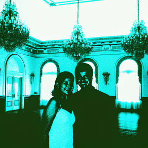 Monica Barbaro and Zach Shaffer at the Chicago Justice wrap party. Elegant ballroom with gold chandeliers and crystal decorations.