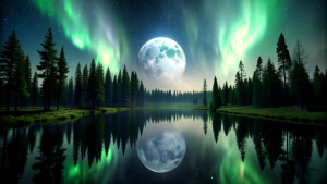  full moon at night, aura northern lights forest  still water dark night black