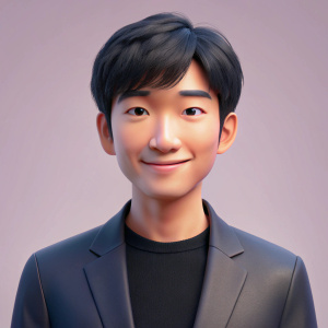 An Asian man with side-swept bangs hair, big eyes,, confident smile, wearing black blazer and top, Identity photo portrait with Simple background, Disney style, Pixar style, pastel color,fine luster,,gentered composition,3D render, Soft, super detail,