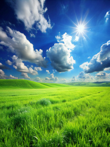 

realistic photo, green meadow, grass, blue sky with clouds