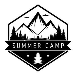 summer camp silhoutte logo, clean simple lines, black and white