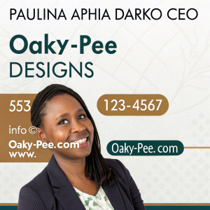Paulina Aphia Darko
CEO, Oaky-pee Designs
Contact: (555) 123-4567
Email: info@oaky-pee.com
Website: www.oaky-pee.com