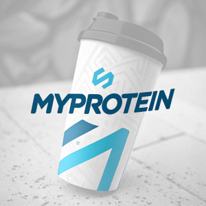 Myprotein logo design, featuring sleek and modern typography. The palette includes vibrant shades of blue and white. Detailed description of design philosophy and intent. High-resolution digital mockup