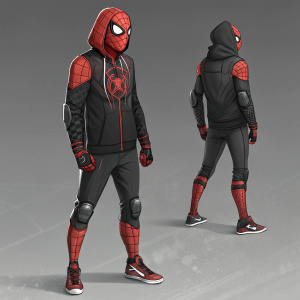 Concept art for Spider-Man's web-shooters. Detailed design includes mask, hoodie, gloves, knee guards, high-top sneakers, and intricate web-shooter mechanism with release button.
